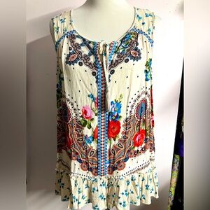 Bila Women’s Tank Top Blouse, XL, Ruffled Hem, Multicolored/Paisley; Peasant